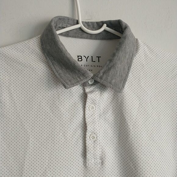 BYLT Drop Cut Short Sleeve Polo Shirt Mens L White Gray Swiss Dots Stretch - Picture 2 of 7